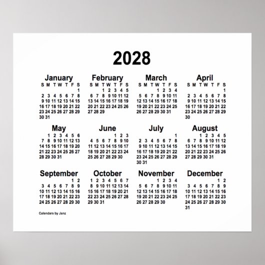 Poster Calendrier blanc 2028 de Janz Print (Devant)