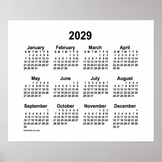 Poster Calendrier blanc 2029 par Janz Print (Devant)