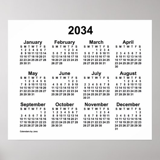 Poster Calendrier blanc 2034 de Janz Print (Devant)