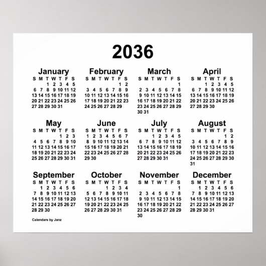 Poster Calendrier blanc 2036 par Janz Print (Devant)