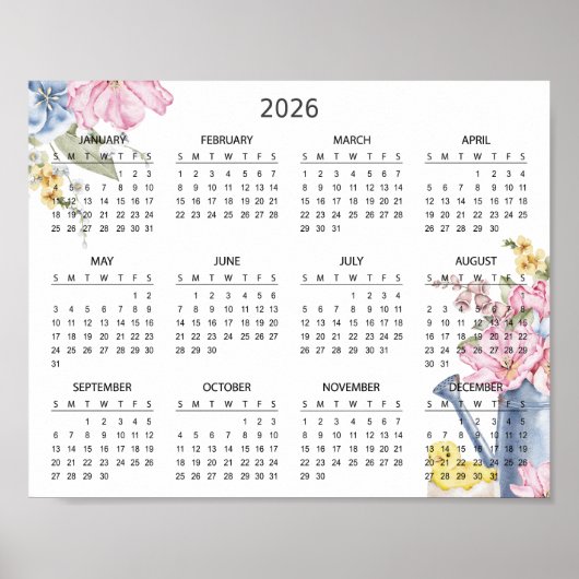 Poster Calendrier Botanique Floral Élégant Simple 2026 |  (Devant)