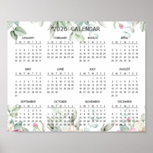 Poster Calendrier Botanique Floral Élégant Simple 2026   