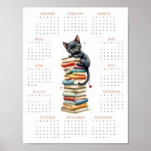 Poster Calendrier Chat & Livre Empilés 2026 sur une Page 