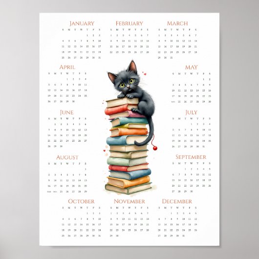 Poster Calendrier Chat & Pile de Livres Une Page 2026 Fan (Devant)