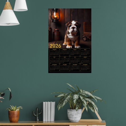 Poster Calendrier chiot Bouledogue 2026 avec lanterne (Salon 1)