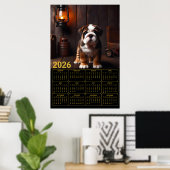 Poster Calendrier chiot Bouledogue 2026 avec lanterne (Bureau à domicile)