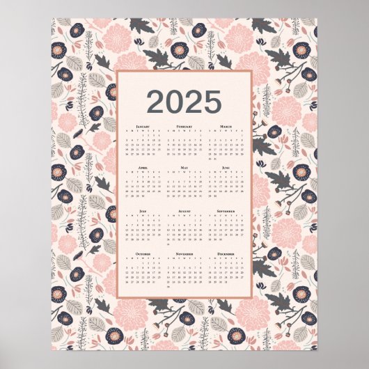 Poster Calendrier complet de l'année 2025 Rose Grey Botan (Devant)