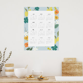 Poster Calendrier complet Fleur sauvage Bleu pastel Tenda