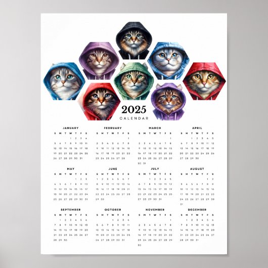 Poster Calendrier d'art aquarelle Chats en capuches color (Devant)