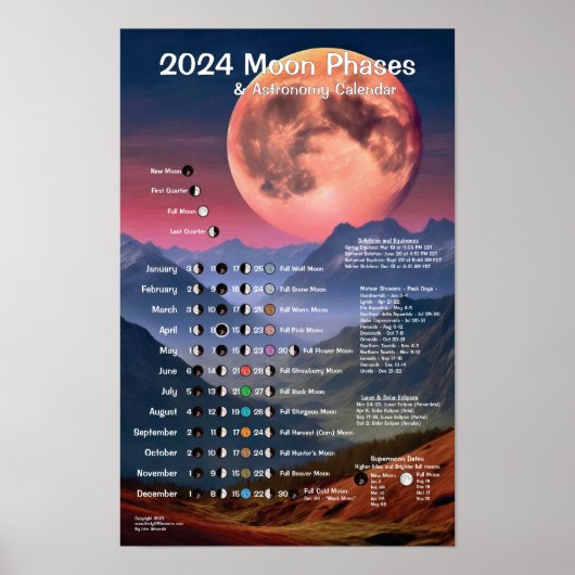 Poster Calendrier d'astronomie des phases de la lune 2024 (Devant)
