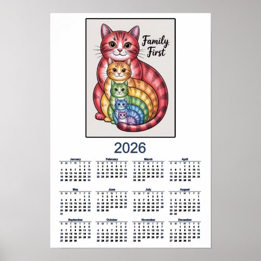 Poster Calendrier de chats 2026 Famille d'abord (Devant)