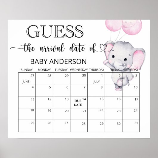 Poster Calendrier de date d'échéance d'éléphant rose (Devant)
