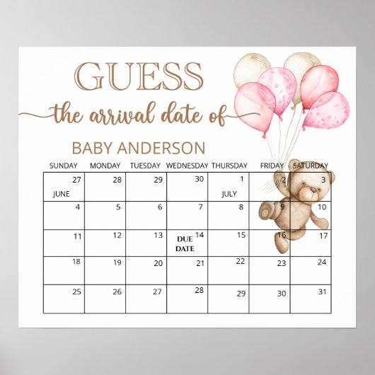 Poster Calendrier de devinette de date prévue pour bébé o (Devant)