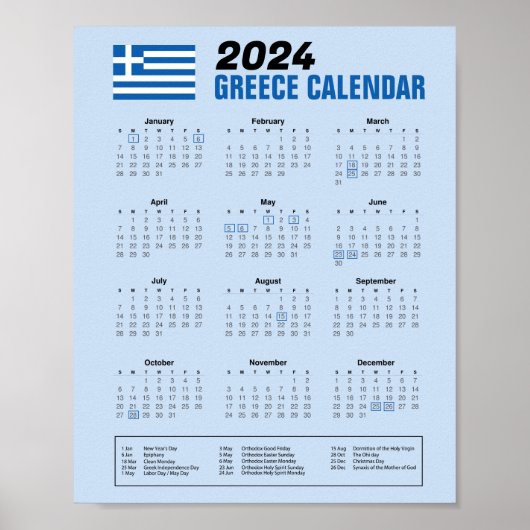 Poster Calendrier de Grèce avec fêtes grecques 2024 Téléc (Devant)
