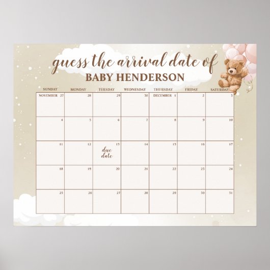 Poster Calendrier de la date prévue Ourson Rose Tendresse (Devant)