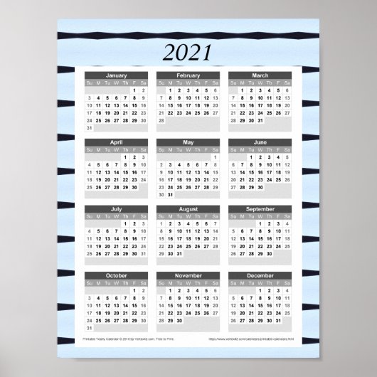 Poster Calendrier de l'année 2021 : Bleu avec des lignes (Devant)