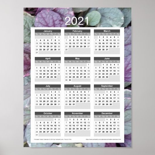 Poster Calendrier de l'année 2021 - Feuilles violets (Devant)
