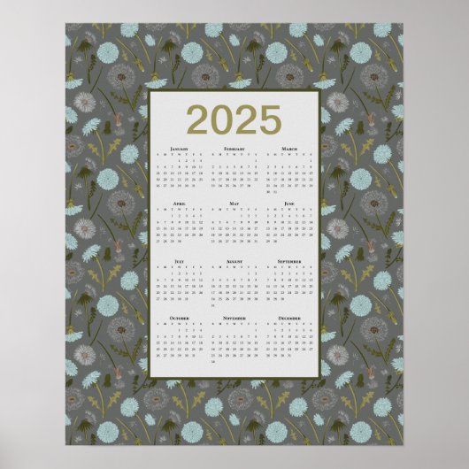 Poster Calendrier de l'année 2025 Dandelion gris bleu (Devant)