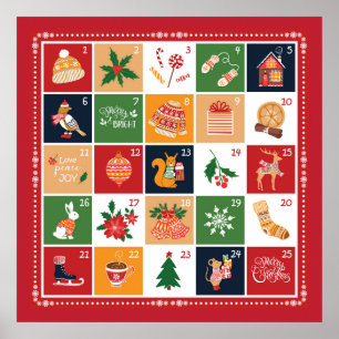 Poster Calendrier de l'Avent Noël Joyeux Poinsettia Rouge