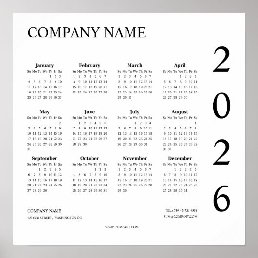 Poster Calendrier de l'entreprise minimaliste 2026 (Devant)