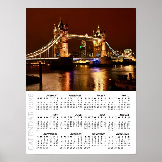 Poster Calendrier de Londres 2026, Tour de Tower Bridge l (Devant)