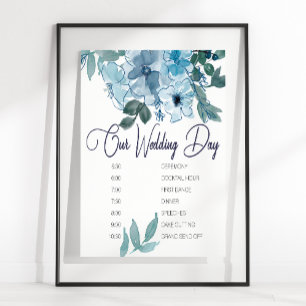 Poster Calendrier de mariage aux roses bleues pastel mode