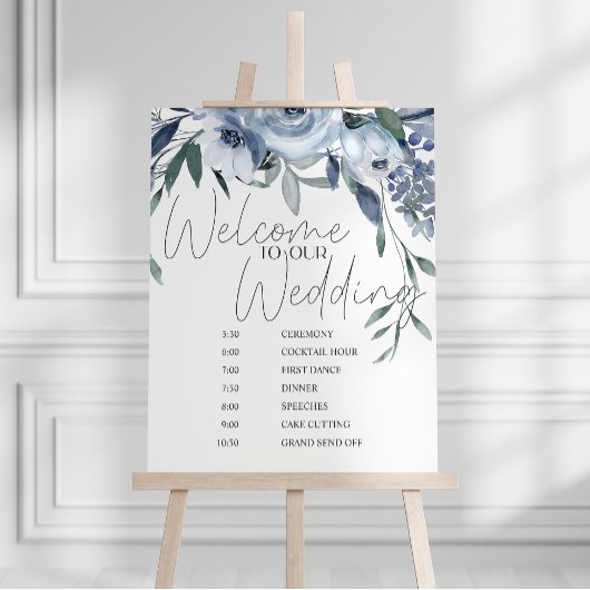 Poster Calendrier de mariage Fleurs Roses Bleu Poussiéreu