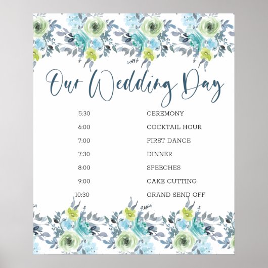 Poster Calendrier de mariage floral jaune bleu clair vert (Devant)