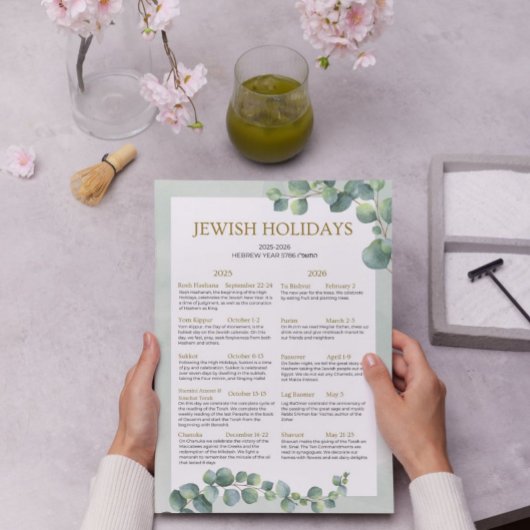 Poster Calendrier des fêtes juives 2025 2026 Sage Green 5