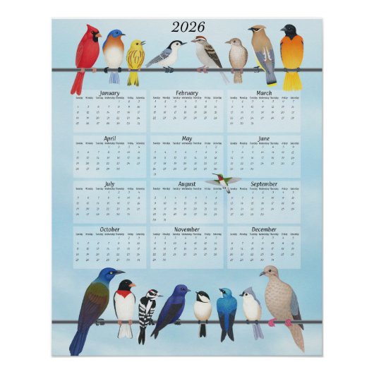 Poster Calendrier des oiseaux jardins 2026 (Devant)