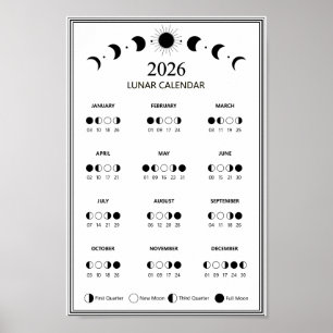 Poster Calendrier des phases lunaires 2026 Cycles lunaire