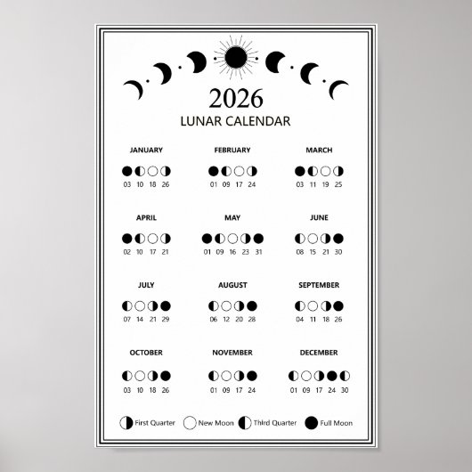 Poster Calendrier des phases lunaires 2026 Cycles lunaire (Devant)