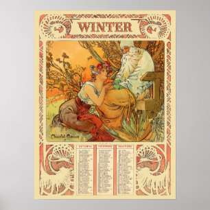 Poster Calendrier d'hiver Art nouveau de l'ère victorienn