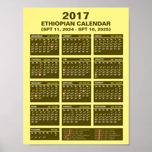 Poster Calendrier éthiopien 2017 pour l'année 2024 et 202 (Devant)