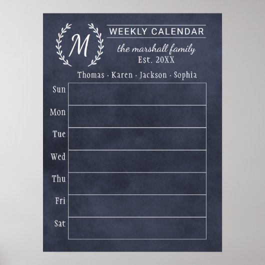 Poster Calendrier familial hebdomadaire personnalisé Navy (Devant)