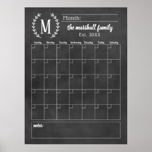 Poster Calendrier familial mensuel à monogramme sur table