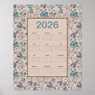 Poster Calendrier Fleurs Bleu-vert 2026
