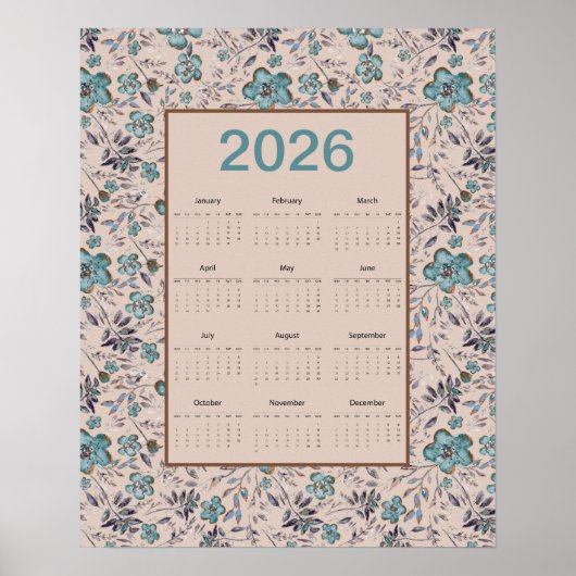Poster Calendrier Fleurs Bleu-vert 2026 (Devant)
