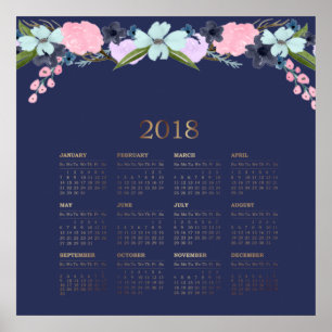 Poster Calendrier floral aquarelle moderne 2018