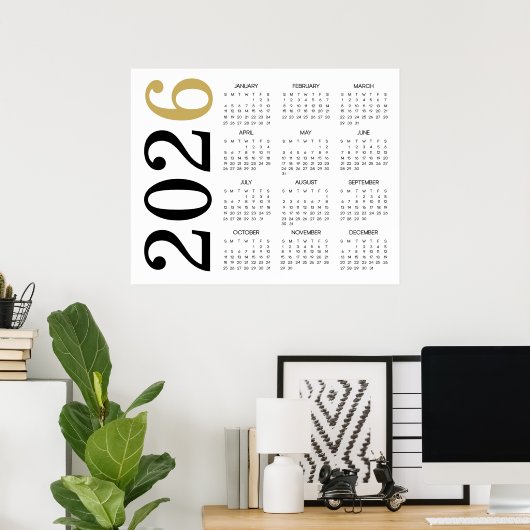 Poster Calendrier Gold Black 2026 moderne (Bureau à domicile)