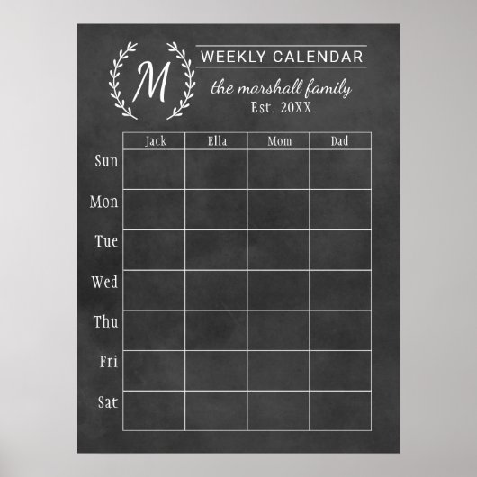 Poster Calendrier hebdomadaire familial personnalisé avec (Devant)