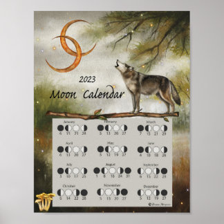 Poster CALENDRIER LUNAIRE 2023, Loup Lune Forêt Sombre, W