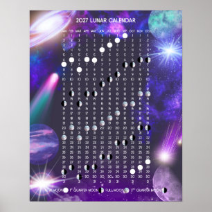 Poster Calendrier lunaire 2027 dans des galaxies colorées