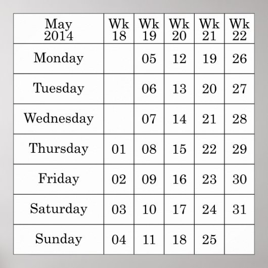 Poster Calendrier mai 2014 semaines numérotées (Devant)