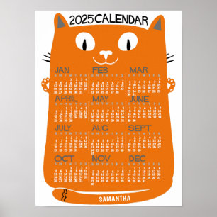 Poster Calendrier mensuel 2025 Chat Orange Mid-Century