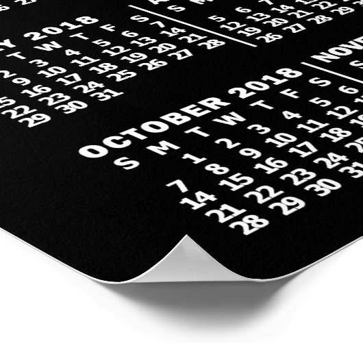 Poster Calendrier mensuel de l'année 2018 Noir | Photos p (Coin)