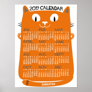 Poster Calendrier mensuel de l'année 2019 Chat orange mil