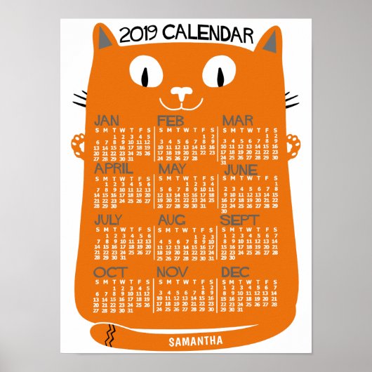 Poster Calendrier mensuel du milieu de siècle Chat orange (Devant)