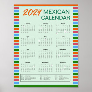 Poster Calendrier mexicain 2024 avec jours fériés   Téléc