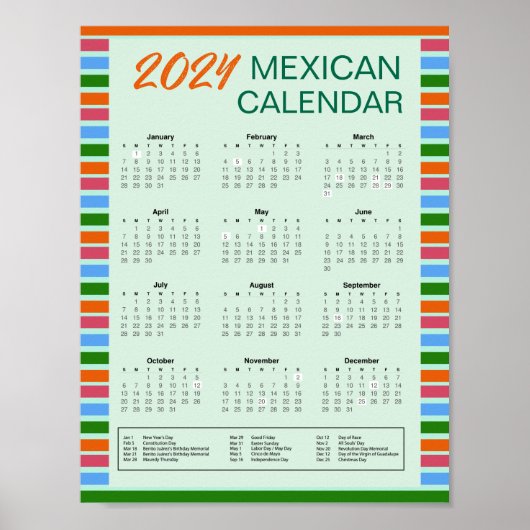 Poster Calendrier mexicain 2024 avec jours fériés | Téléc (Devant)